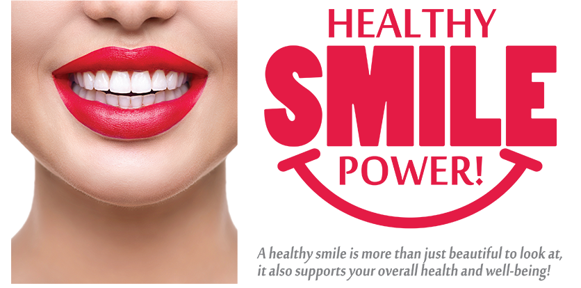 The image shows a close-up of a person s face with bright red lipstick, featuring text overlay that reads  HEALTHY SMILE POWER  in bold capital letters.