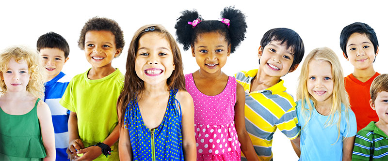 The image shows a group of children with diverse attire, posing together against a white background.